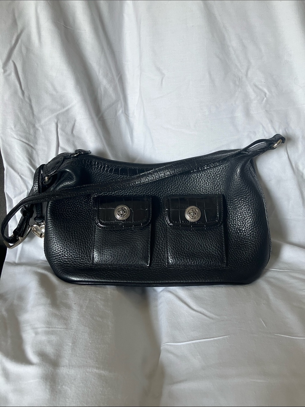 Brighton Black Leather Shoulder Bag with Front Pockets